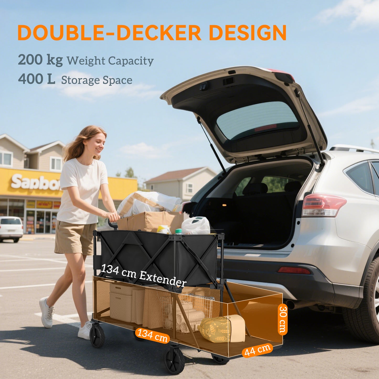Double Decker Folding Festival Trolley on Wheels, 200KG & 350L Capacity Collapsible Wagon Festival Trolley Cart