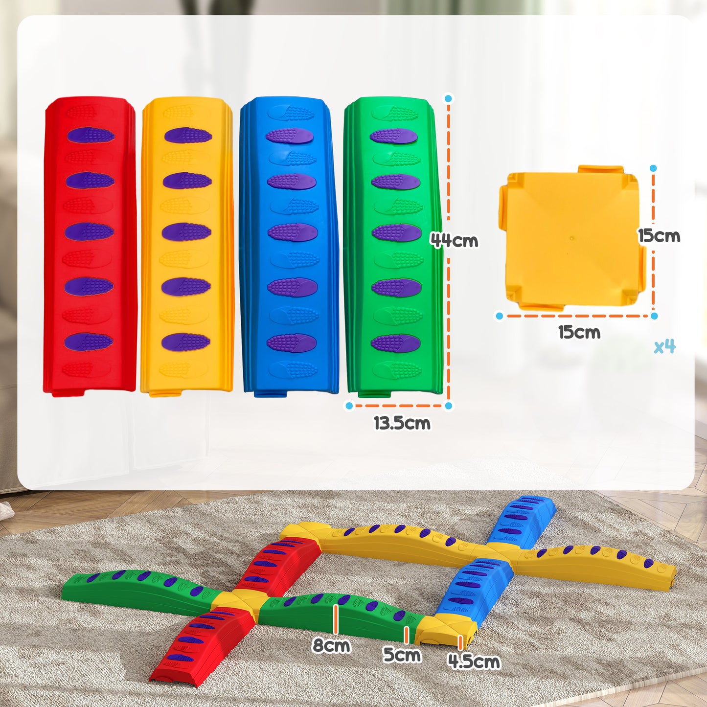 12-Piece Kids Balance Beam Stepping Stones, with Non-Slip Foot Pads, Multicoloured