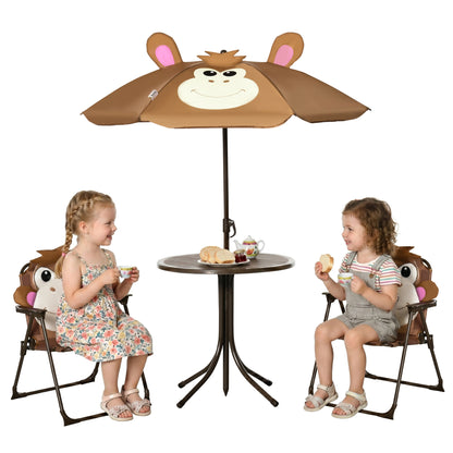 Kids Bistro Table and Chair Set, Outdoor Folding Garden Furniture w/Monkey Design, Removable, Adjustable Sun Umbrella