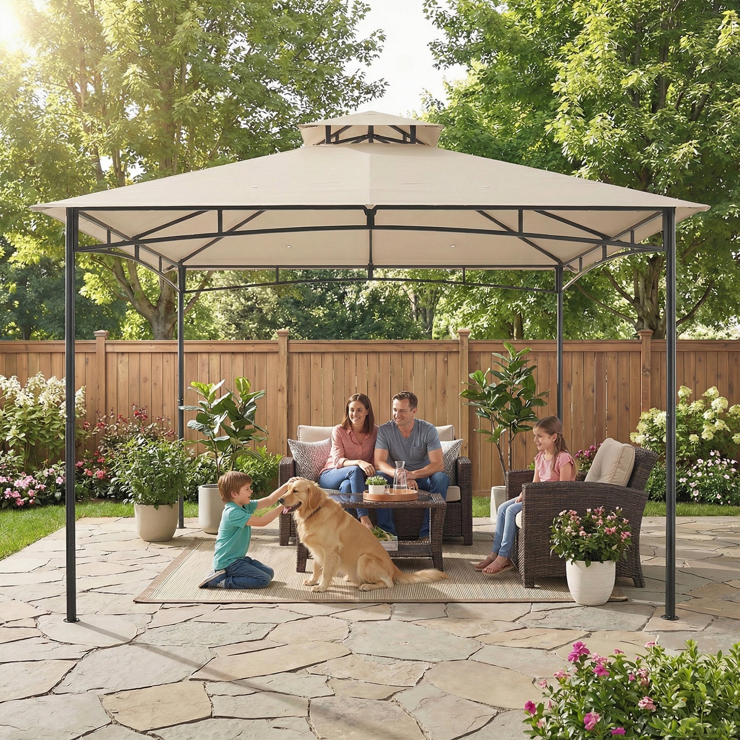 3 x 3 m Gazebo, Garden Gazebo with 2-Tier Roof, Metal Frame, Khaki
