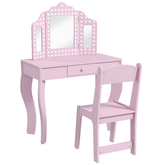 Kids Dressing Table Sets with Stool and Tri-Fold Mirror, Drawer for Playroom, Bedroom - Pink