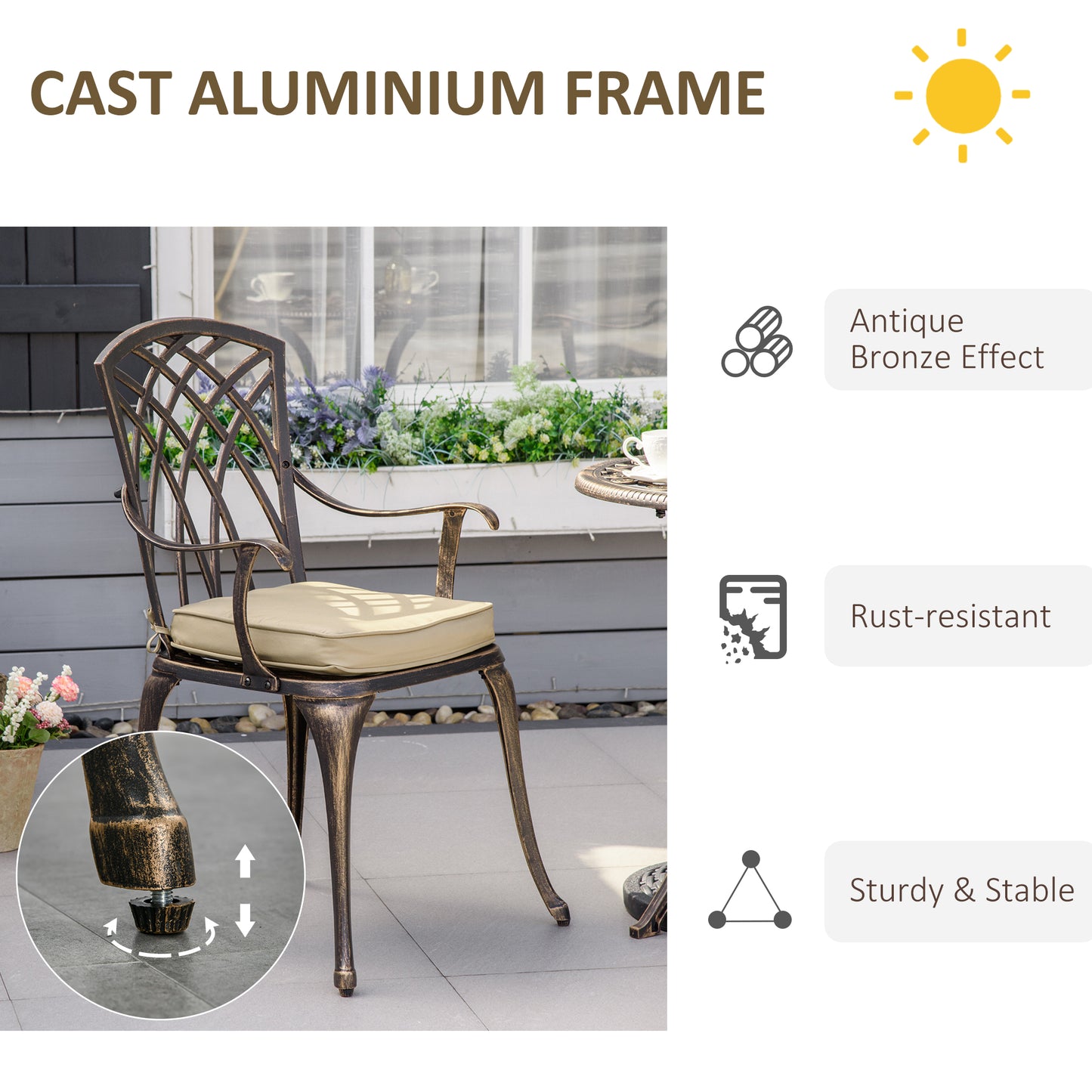 3pc Cast Aluminium Garden Bistro Set for 2 with Parasol Hole, Outdoor Coffee Table Set Rust Resistant with Cushions, Bronze