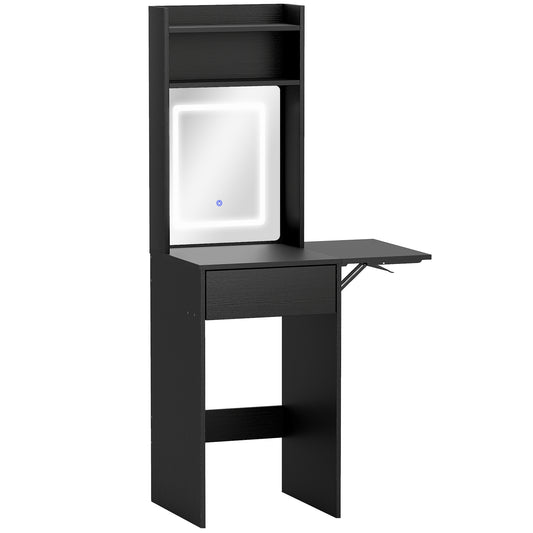 Small Vanity Desk with Mirror and LED Lights, Compact Dressing Table with Drop Leaf, Open Shelves and Drawer, Black