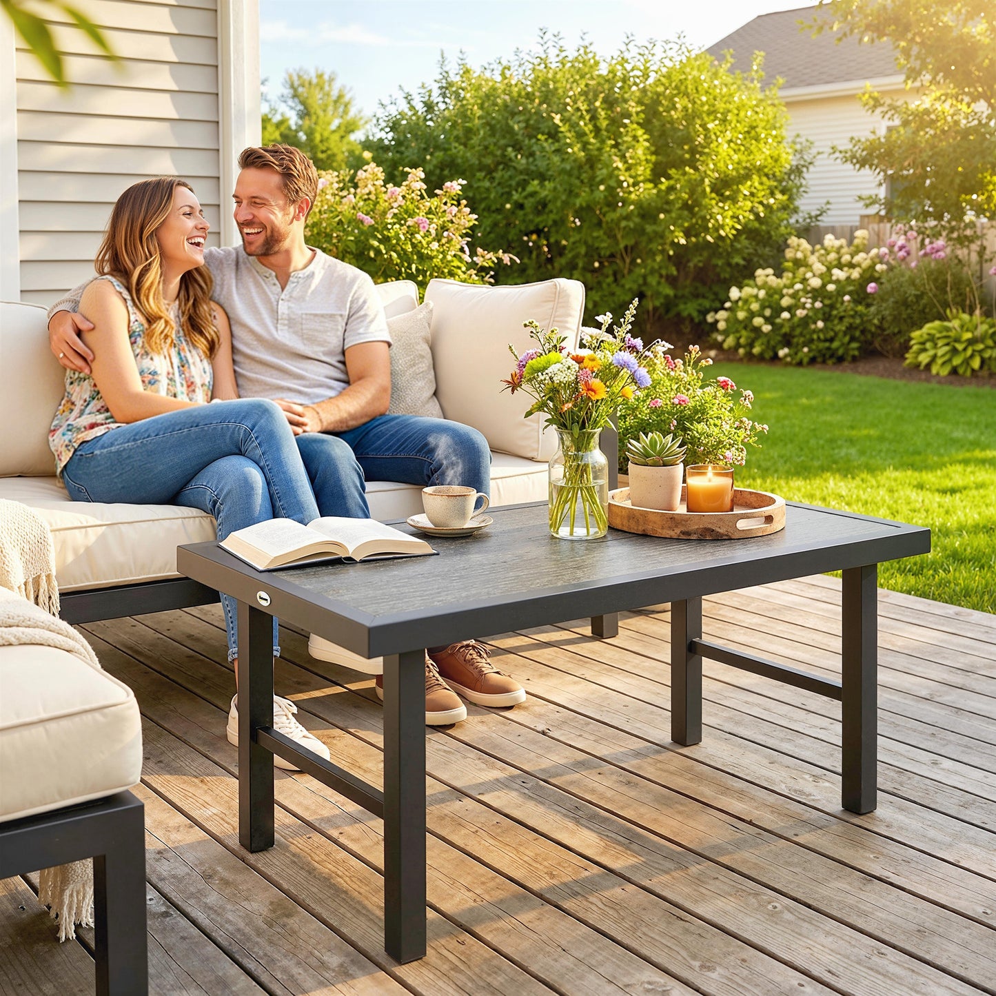 Metal Garden Coffee Table, Outdoor Side Table with SPC Woodgrain Tabletop for Outside, 100 x 52 x 46cm, Dark Grey