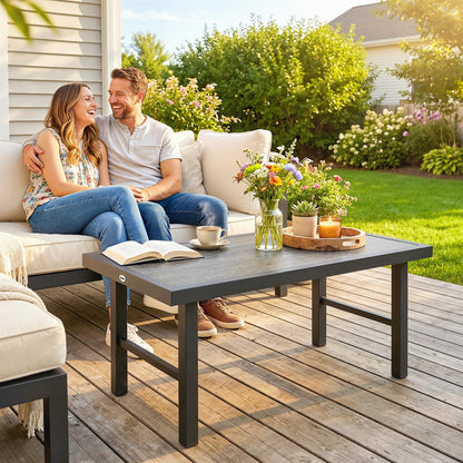 Metal Garden Coffee Table, Outdoor Side Table with SPC Woodgrain Tabletop for Outside, 100 x 52 x 46cm, Dark Grey