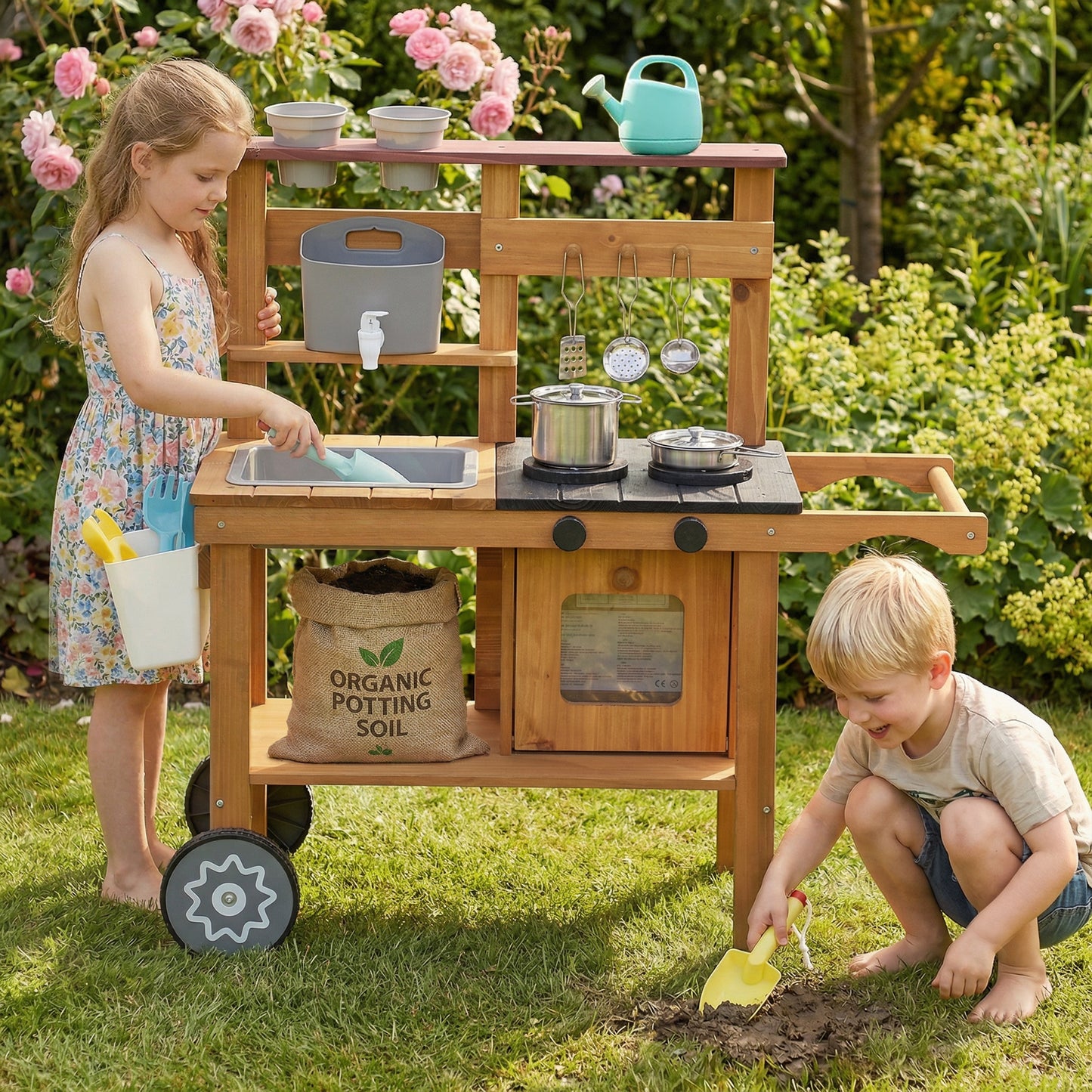 Wooden Mud Kitchen with Wheels, Stove, Faucet, Flower Pots, Stainless Steel Accessories for Toddlers 3-6, Brown