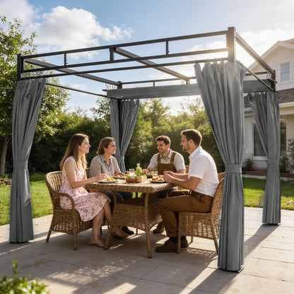 3 x 3 m Pergola with Retractable Roof Canopy and Curtains, UPF30+ Metal Frame Garden Pergola Gazebo Sun Shade, Dark Grey