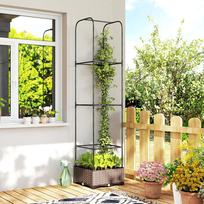 Raised Garden Bed with Trellis, Plastic Planter Box with Drainage Holes, Drain Plugs and Water Reservoirs