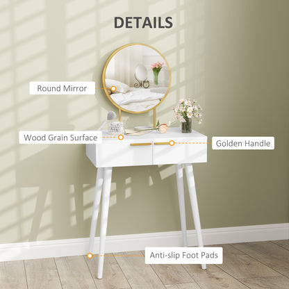 Elegant Dressing Table, with Round Mirror, 60 x 40 x 123 cm - White