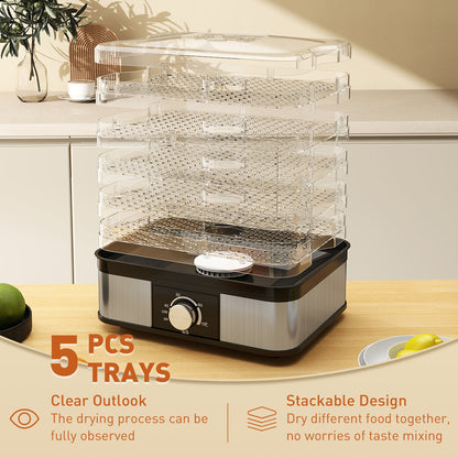 5 Tier Food Dehydrator, 245W Stainless Steel Food Dryer Machine with Adjustable Temperature for Drying Fruit, Meat
