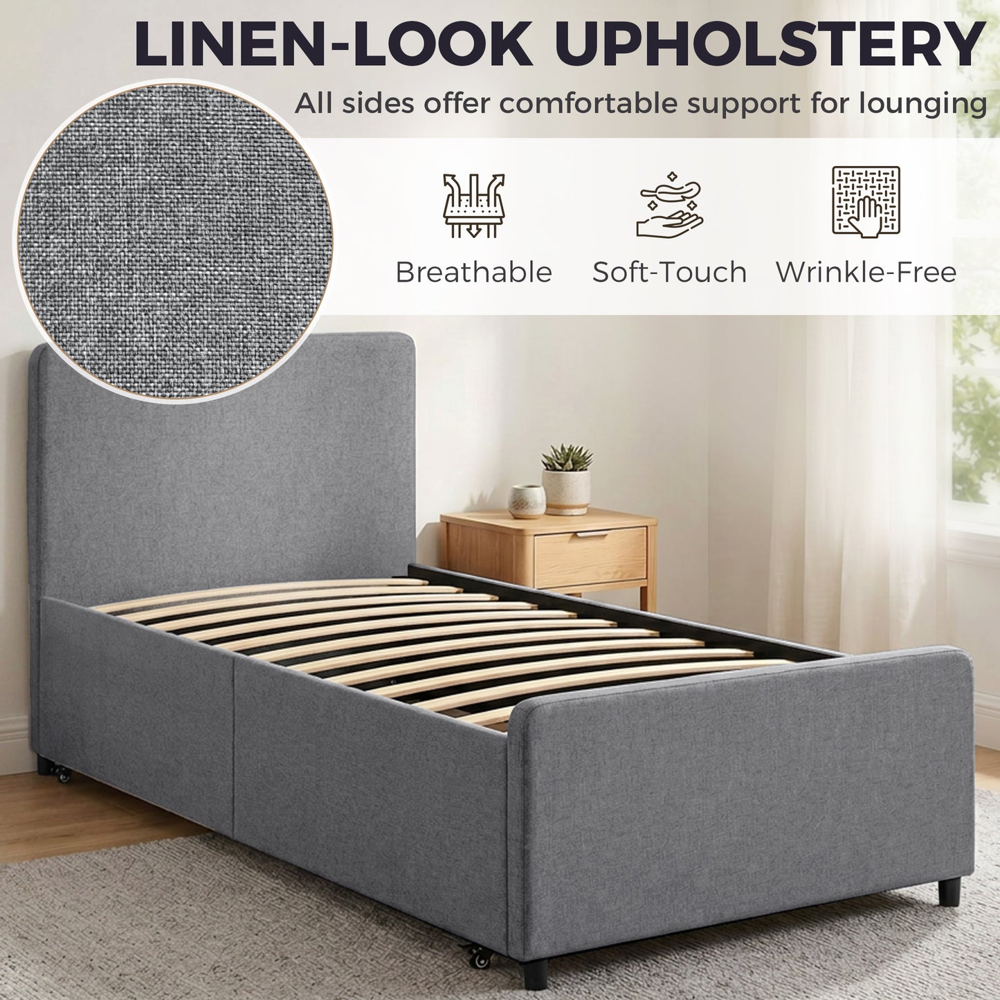 3ft Single Bed Frame with Trundle, Upholstered Pull Out Trundle Bed with Headboard and Footboard, Dark Grey