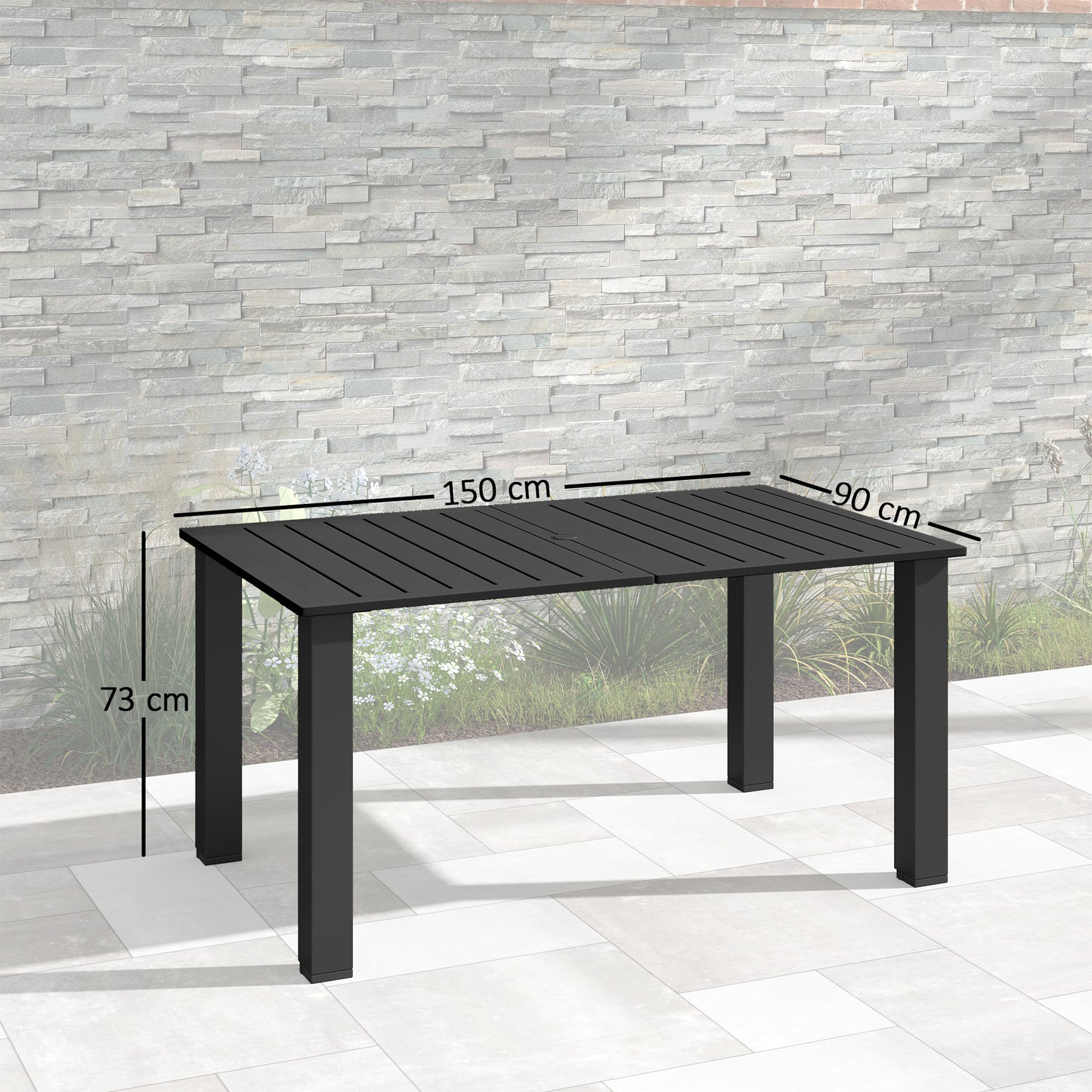 Garden Dining Table for 6 with Parasol Hole, Rectangle Outdoor Garden Table with Slatted Metal Top, Steel Frame, Black