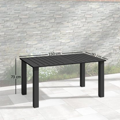 Garden Dining Table for 6 with Parasol Hole, Rectangle Outdoor Garden Table with Slatted Metal Top, Steel Frame, Black