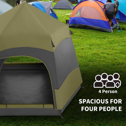 4 Man Hexagon Camping Tent with Hang Hook and Carry Bag - Dark Green and Light Grey
