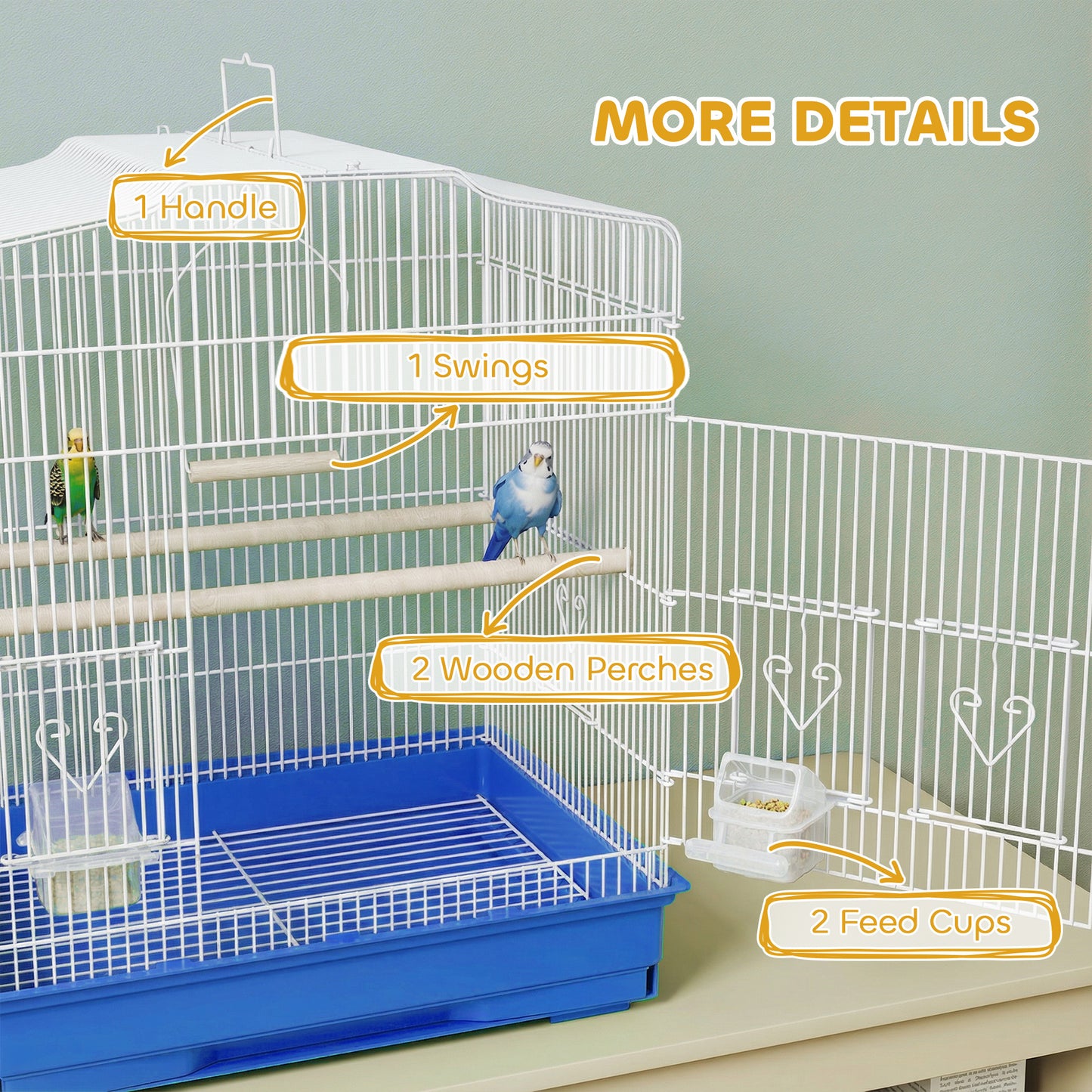 Large Metal Bird Cage with Perches, Food Bowls, Swing, for Budgies, Parakeets, Blue