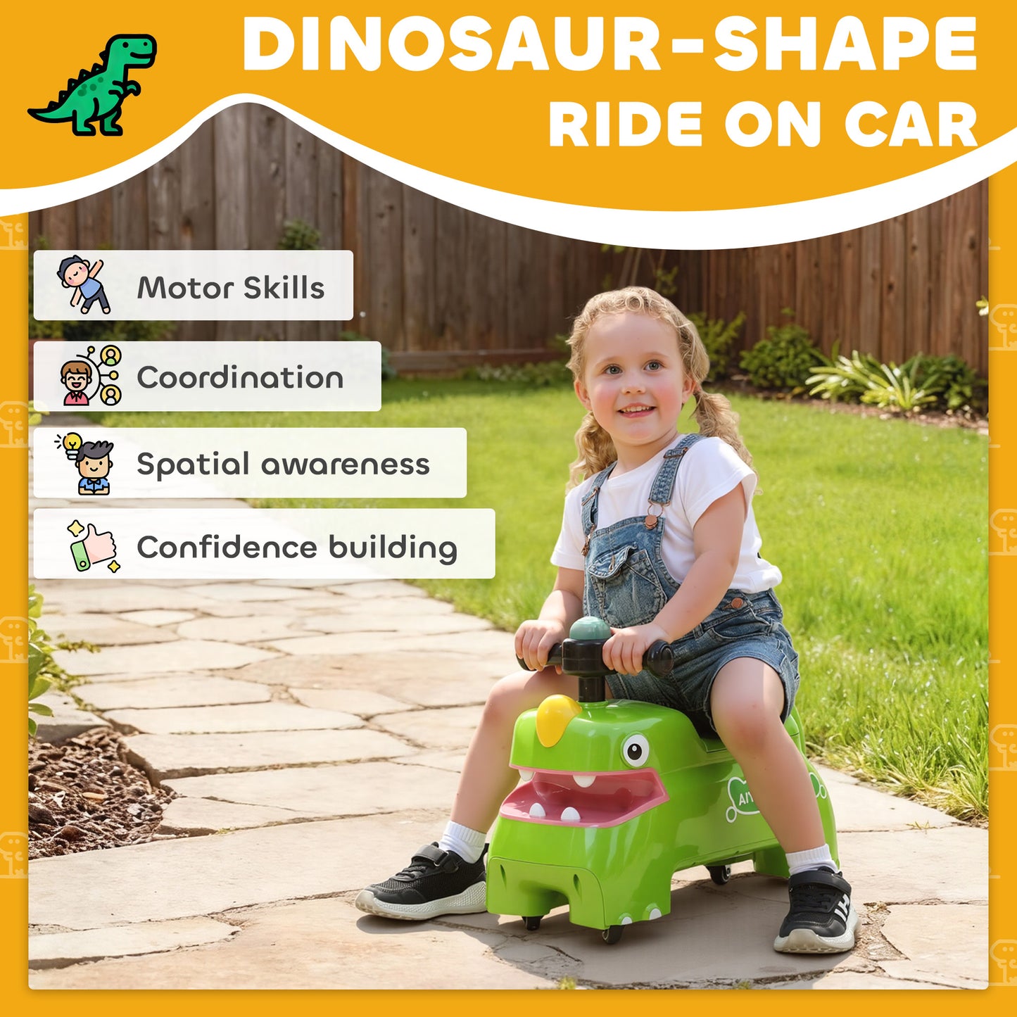 Kids Ride On Car, Dinosaur Foot to Floor Slider with Storage, Toddler Walker with Light, Sounds, Green