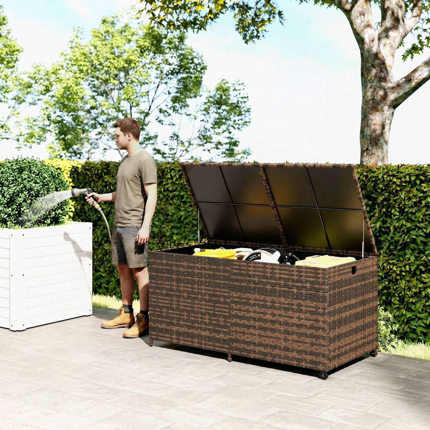 650L Garden Storage Box with 2 Wheels, Rattan Deck Box with Waterproof Zipped Liner, Safe Pneumatic Rods, Mixed Brown