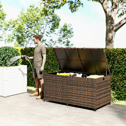 650L Garden Storage Box with 2 Wheels, Rattan Deck Box with Waterproof Zipped Liner, Safe Pneumatic Rods, Mixed Brown