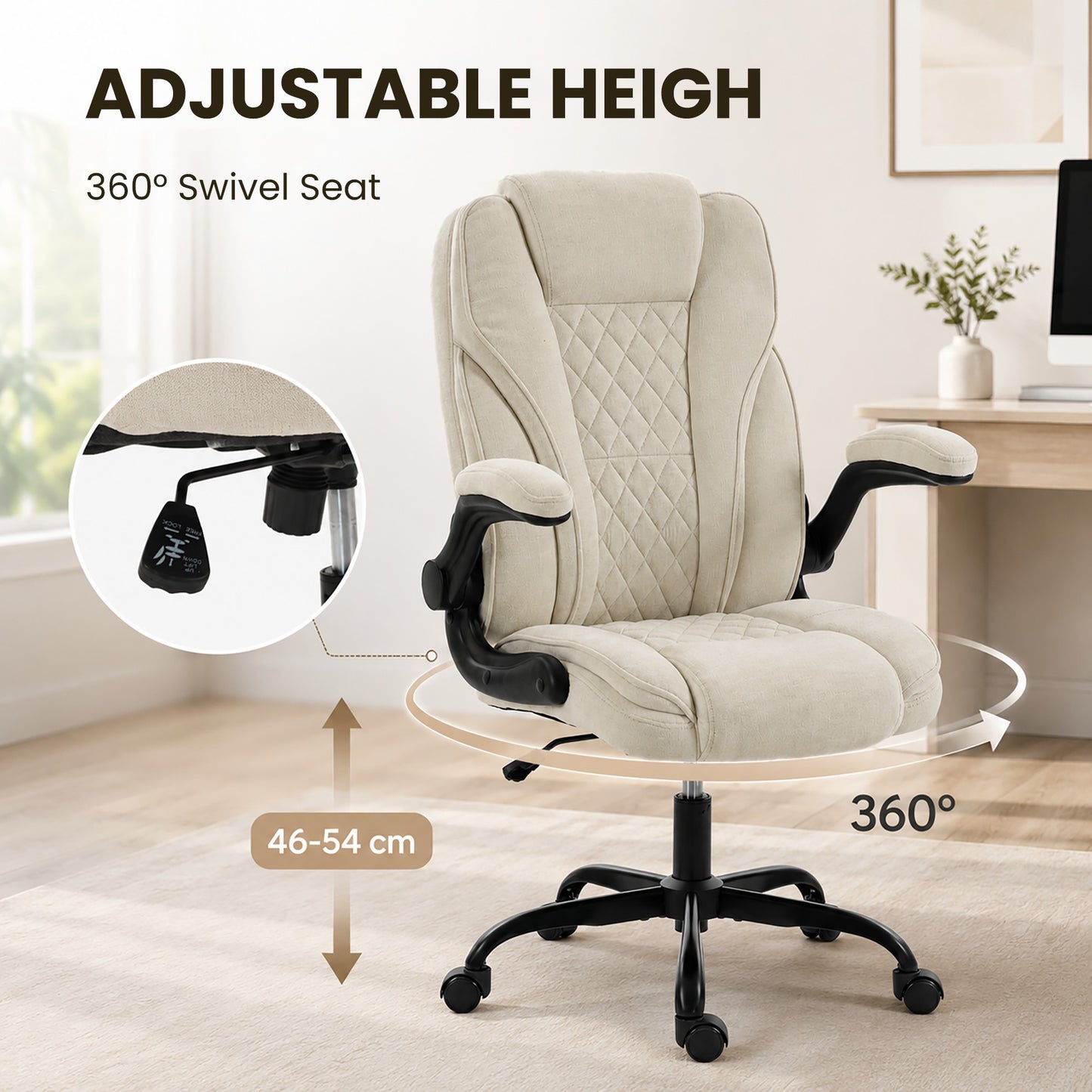 Office Chair, Ergonomic Desk Chair with Flip-up Armrest, Pocket Springs, Swivel Wheels, Adjustable Height, Beige
