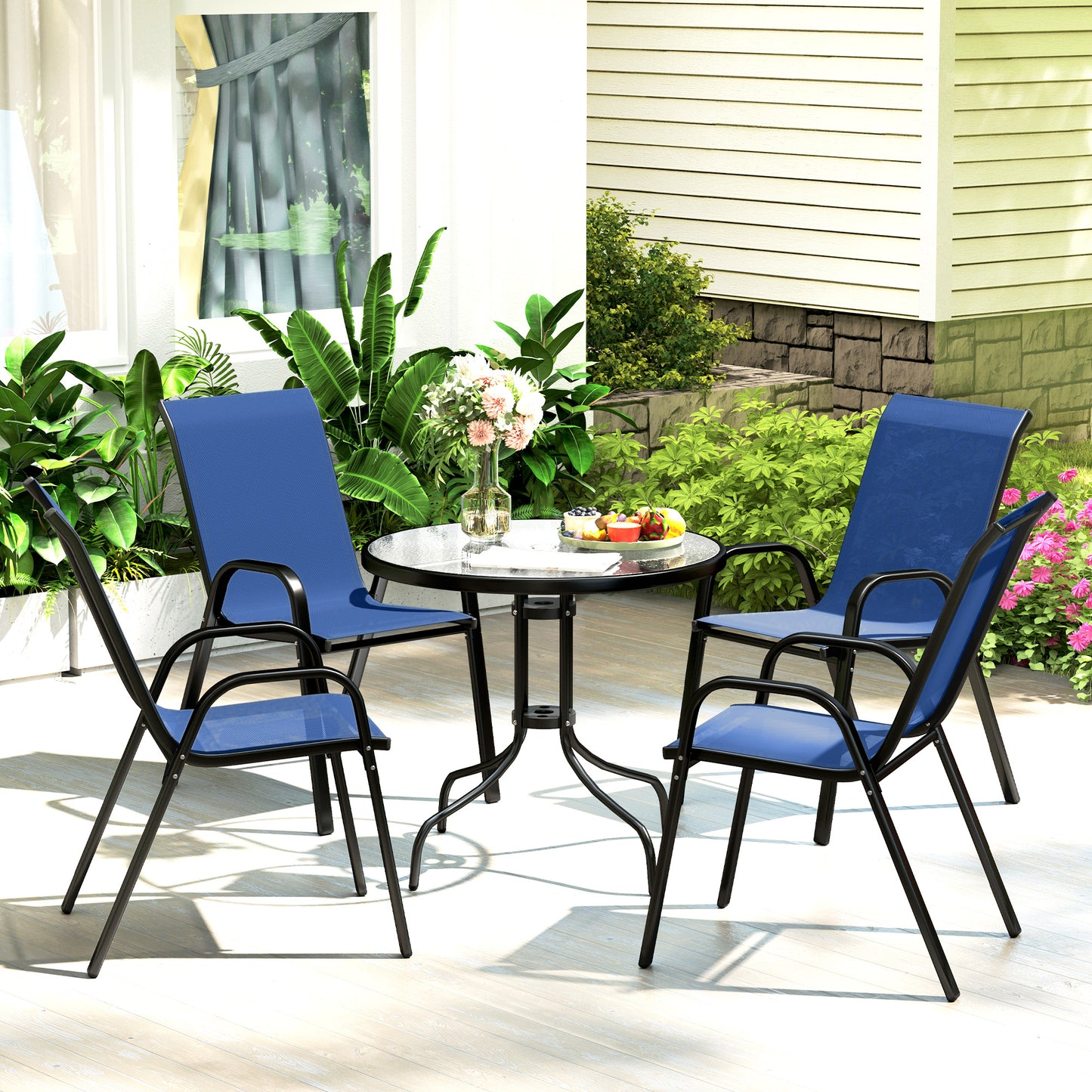 Five-Piece Steel Patio Set, with Glass-Top Table - Dark Blue
