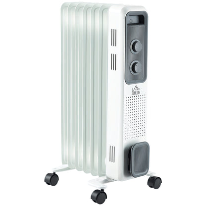1500W Oil Filled Radiator, Portable Electric Heater with 3 Heat Settings, Safety Cut-Off and Wheels, White