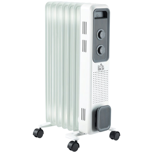 1500W Oil Filled Radiator, Portable Electric Heater with 3 Heat Settings, Safety Cut-Off and Wheels, White