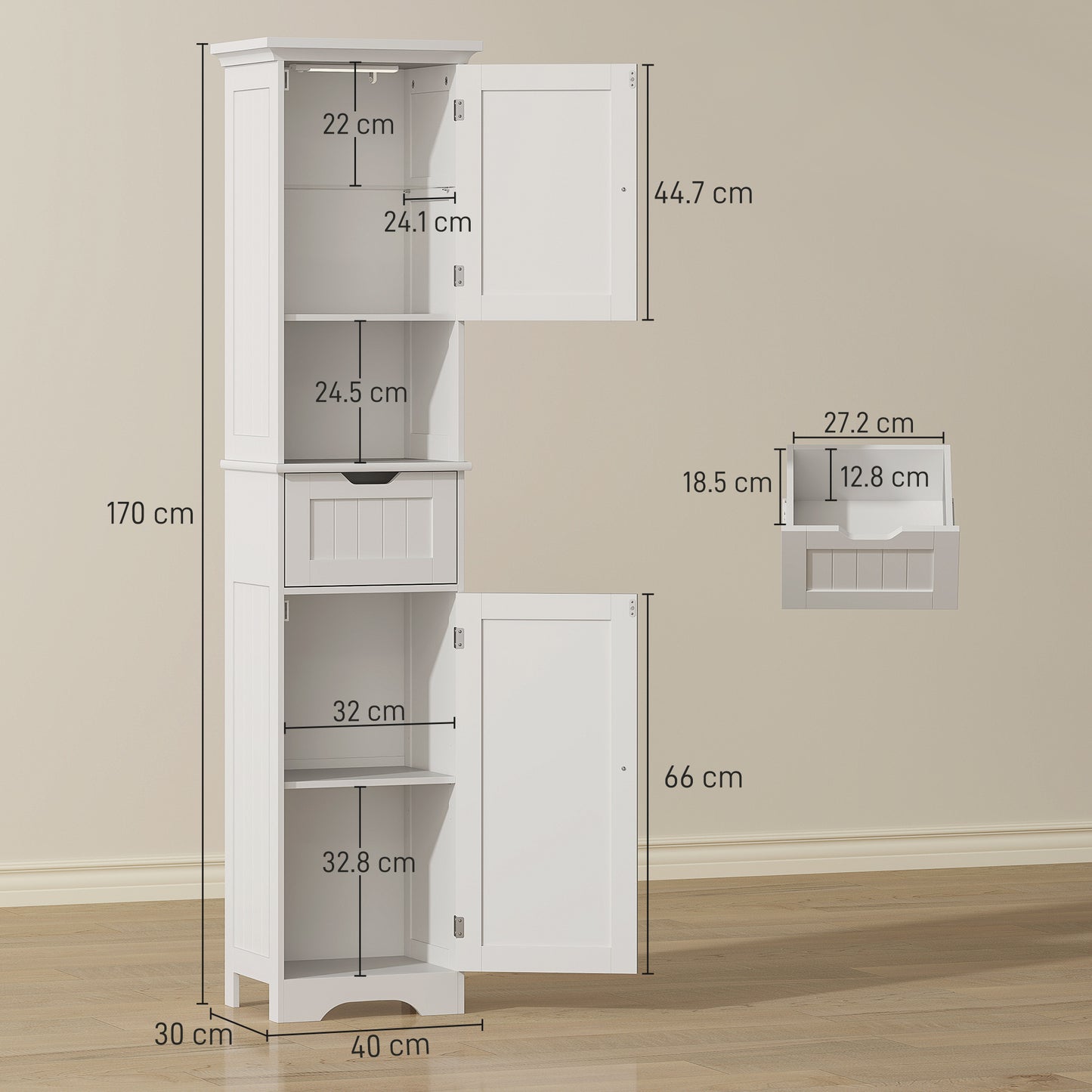 Slim Bathroom Storage Cabinet, with Sensor Lights - White
