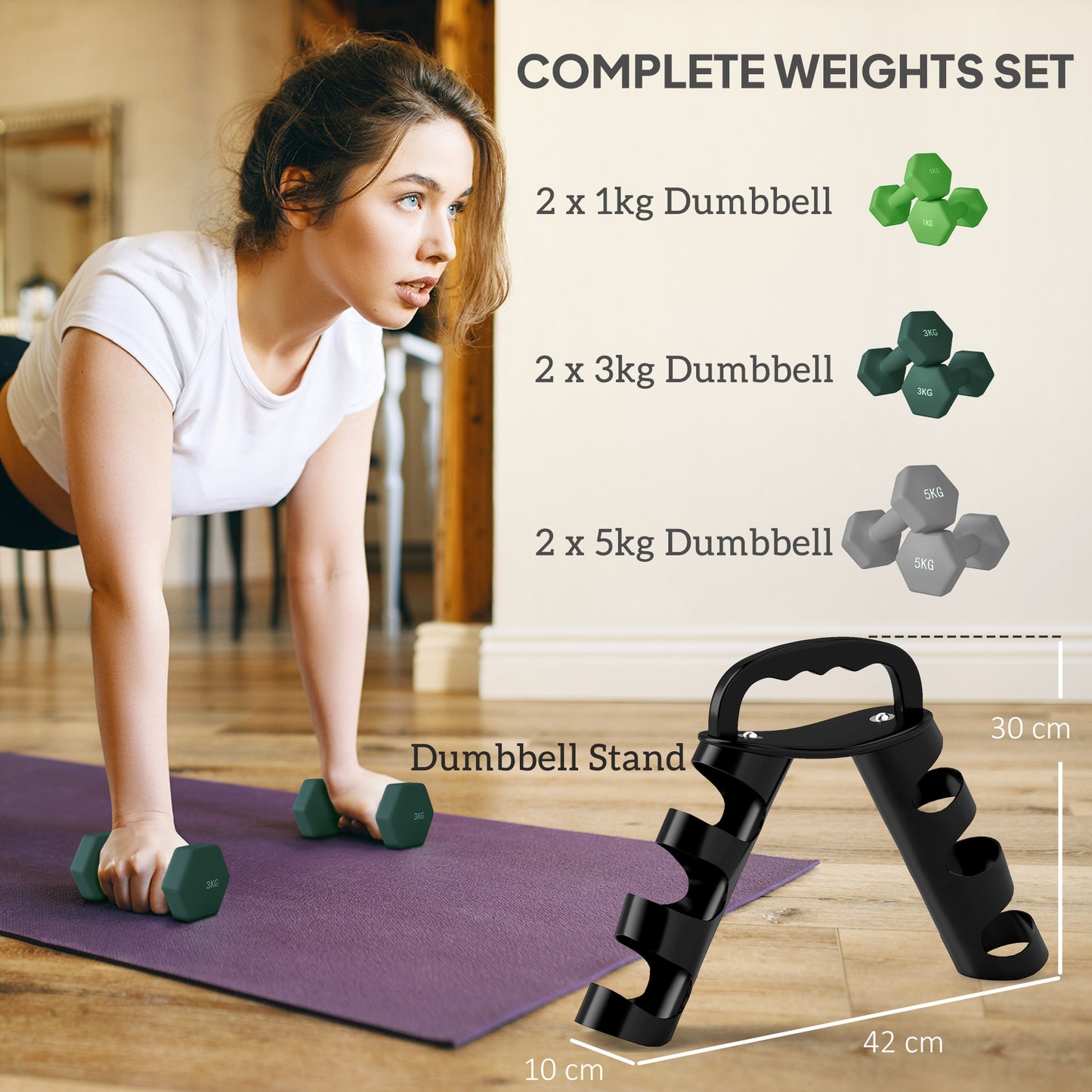 Dumbbells Set with Storage Rack, 2 x 1kg, 2 x 3kg, 2 x 5kg, Green