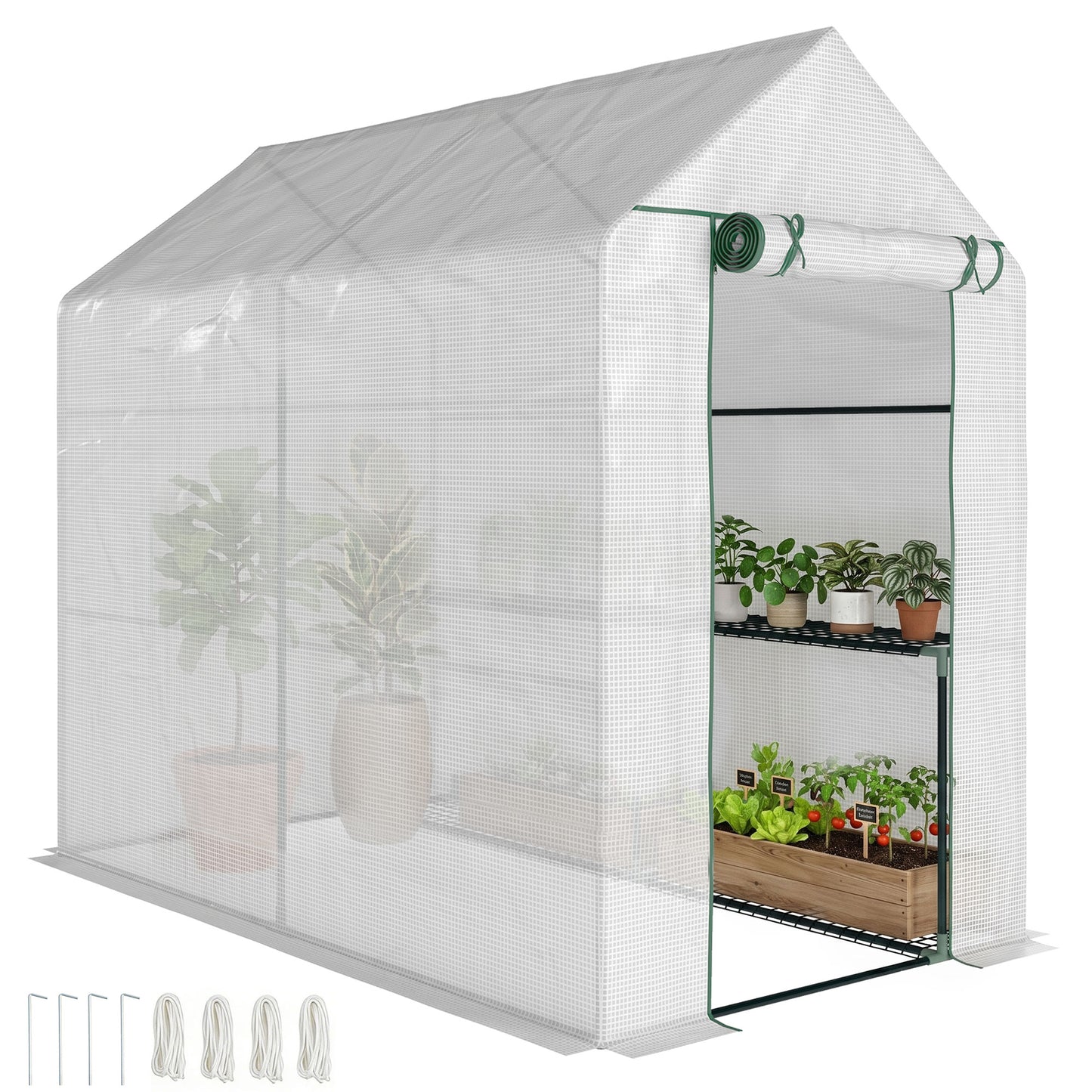 Walk In Greenhouse with 2-Tier Shelves, Roll up Zip Panel Door, Garden Polytunnel Steeple Grow House for Outdoor