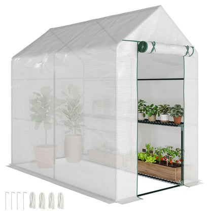 Walk In Greenhouse with 2-Tier Shelves, Roll up Zip Panel Door, Garden Polytunnel Steeple Grow House for Outdoor