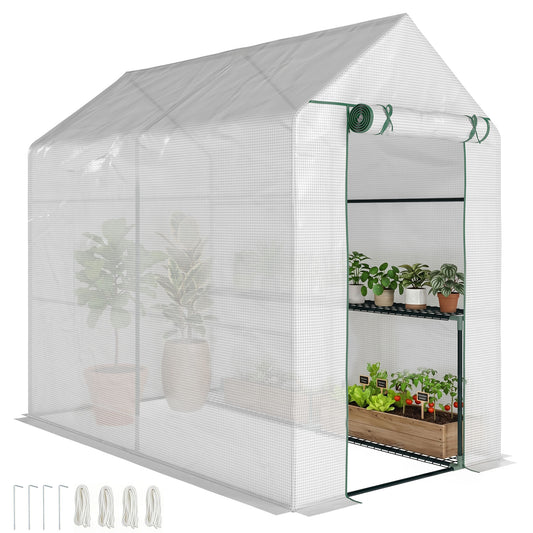 Walk In Greenhouse with 2-Tier Shelves, Roll up Zip Panel Door, Garden Polytunnel Steeple Grow House for Outdoor