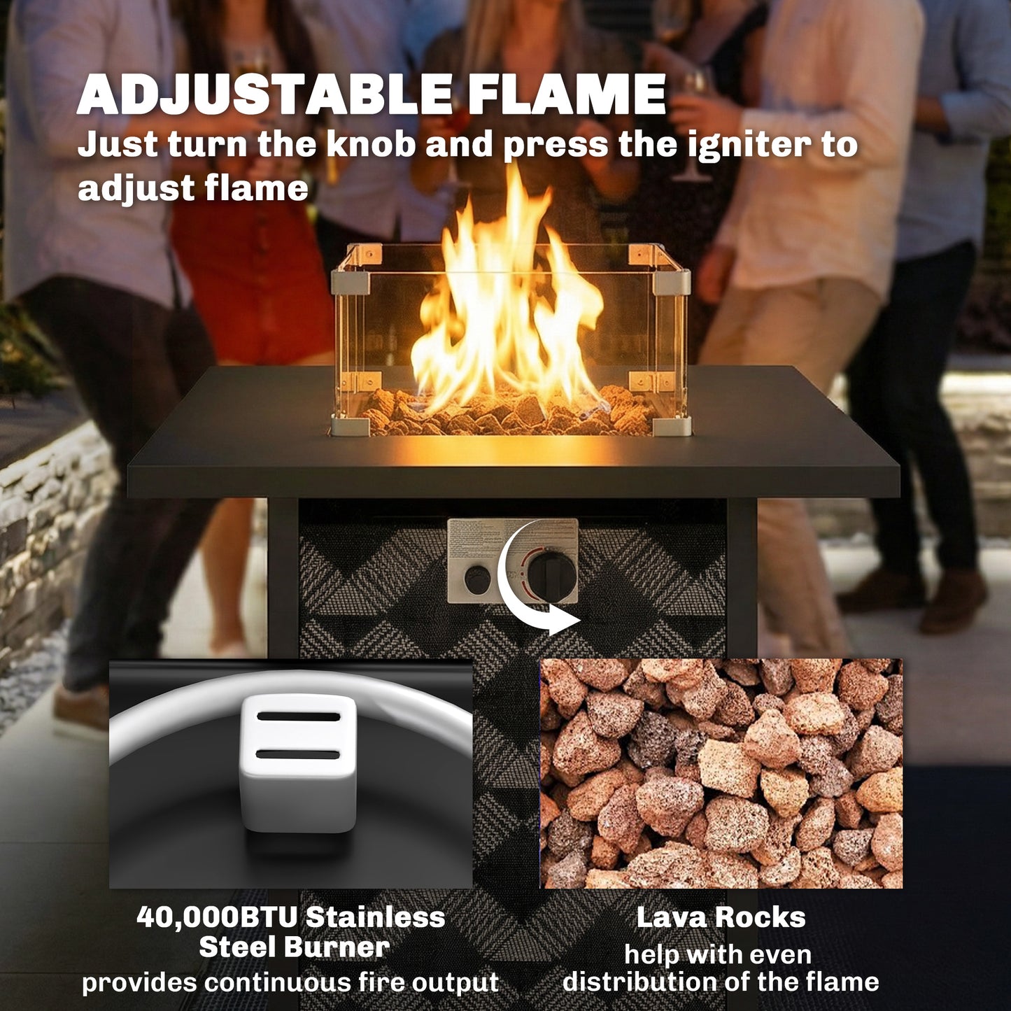 Square Propane Gas Fire Pit Table,12 KW Firepit Outdoor Patio Heater with Glass Wind Guard, Lava Rocks, Gas Tank Holder