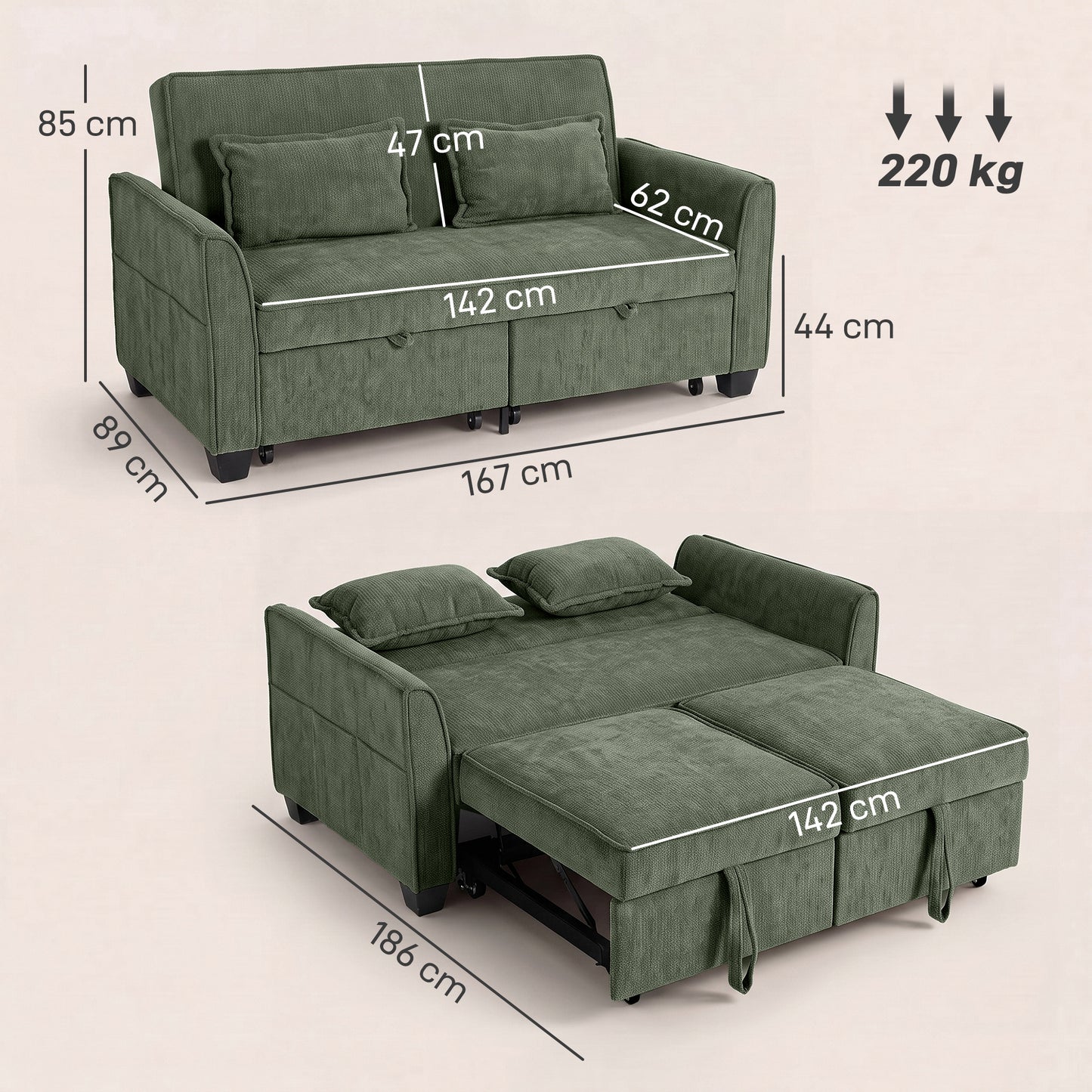 2 Seater Sofa Bed, 4-in-1 L-Shaped Convertible Pull-Out Sleeper Sofa with Adjustable Backrest Side Pockets, Dark Green