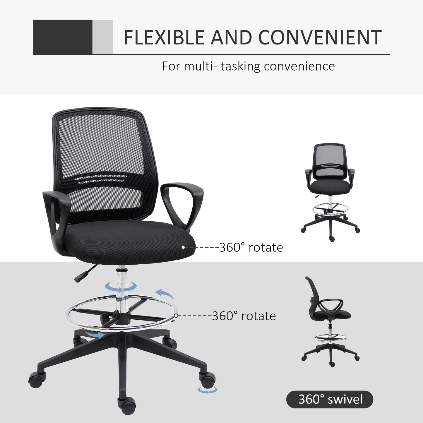 Drafting Chair, Ergonomic Tall Office Chair with Mesh Back, Lumbar Support, Adjustable Height and Foot Ring, Swivel Wheels