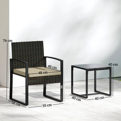 Rattan Bistro Set, 3 Piece Garden Furniture Set with Glass Top Table and Cushions, Khaki