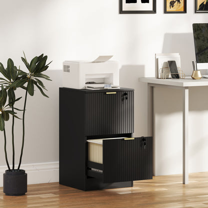 Filing Cabinet, Fluted Vertical File Cabinet with 2 Lockable Drawers and Hanging Rails, Black