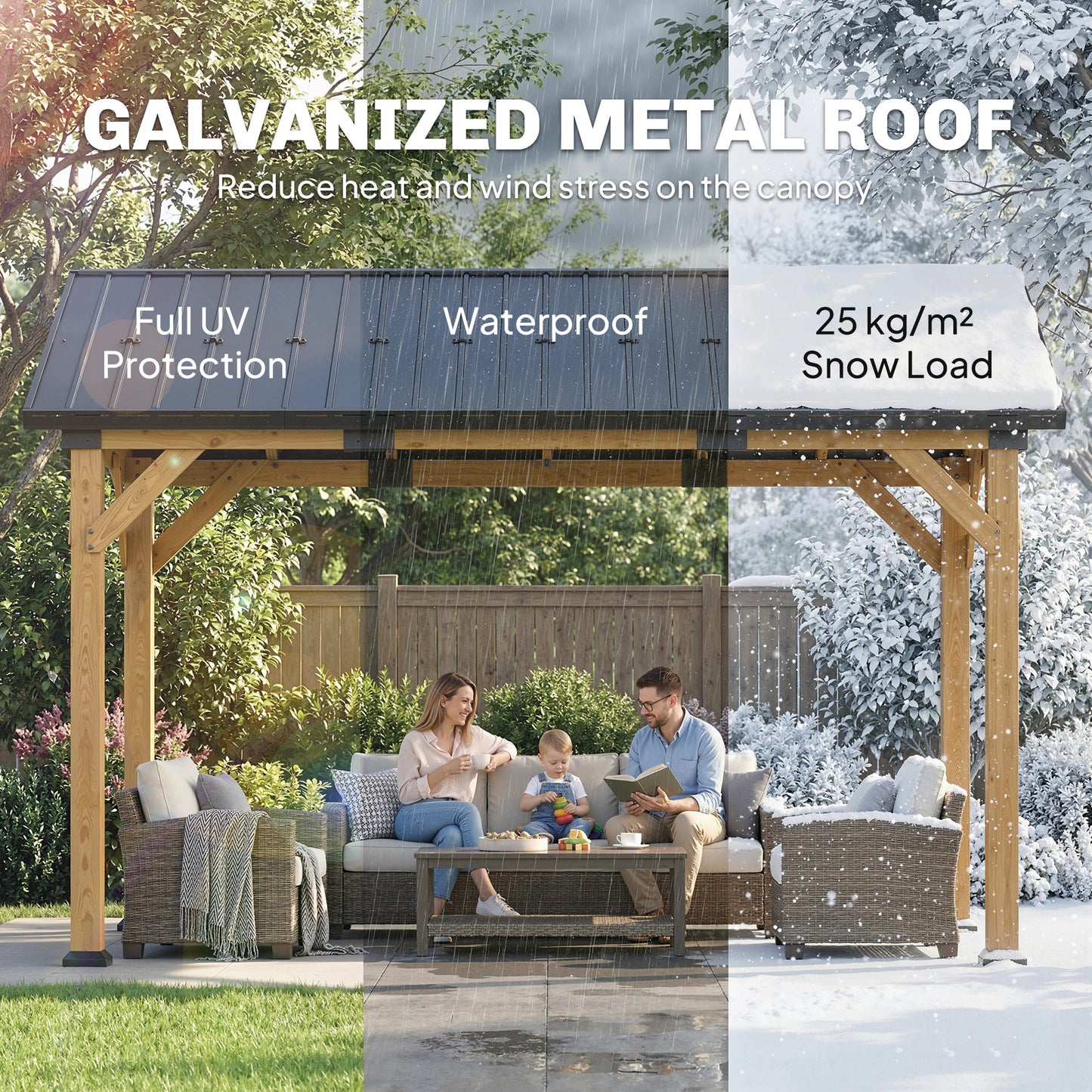 3.5 x 4 m Hardtop Gazebo Canopy with Galvanised Metal Roof, Fir Wood Frame and Hook for Patio, Garden, Black Grey