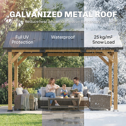 3.5 x 4 m Hardtop Gazebo Canopy with Galvanised Metal Roof, Fir Wood Frame and Hook for Patio, Garden, Black Grey