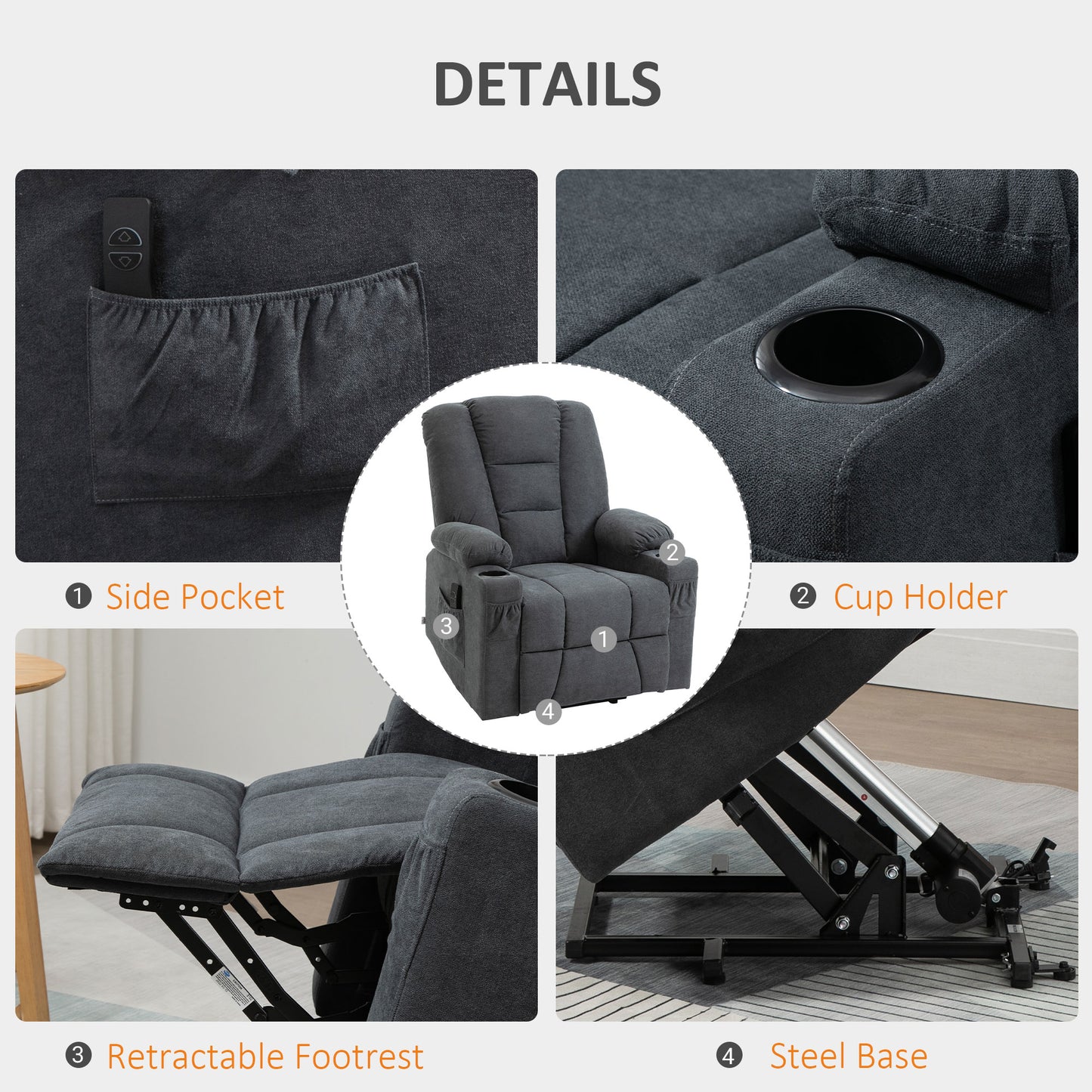 Electric Riser Recliner Armchair， Oversized Chair with Cup Holder & Side Pockets for Elderly in Living Room, Charcoal Grey