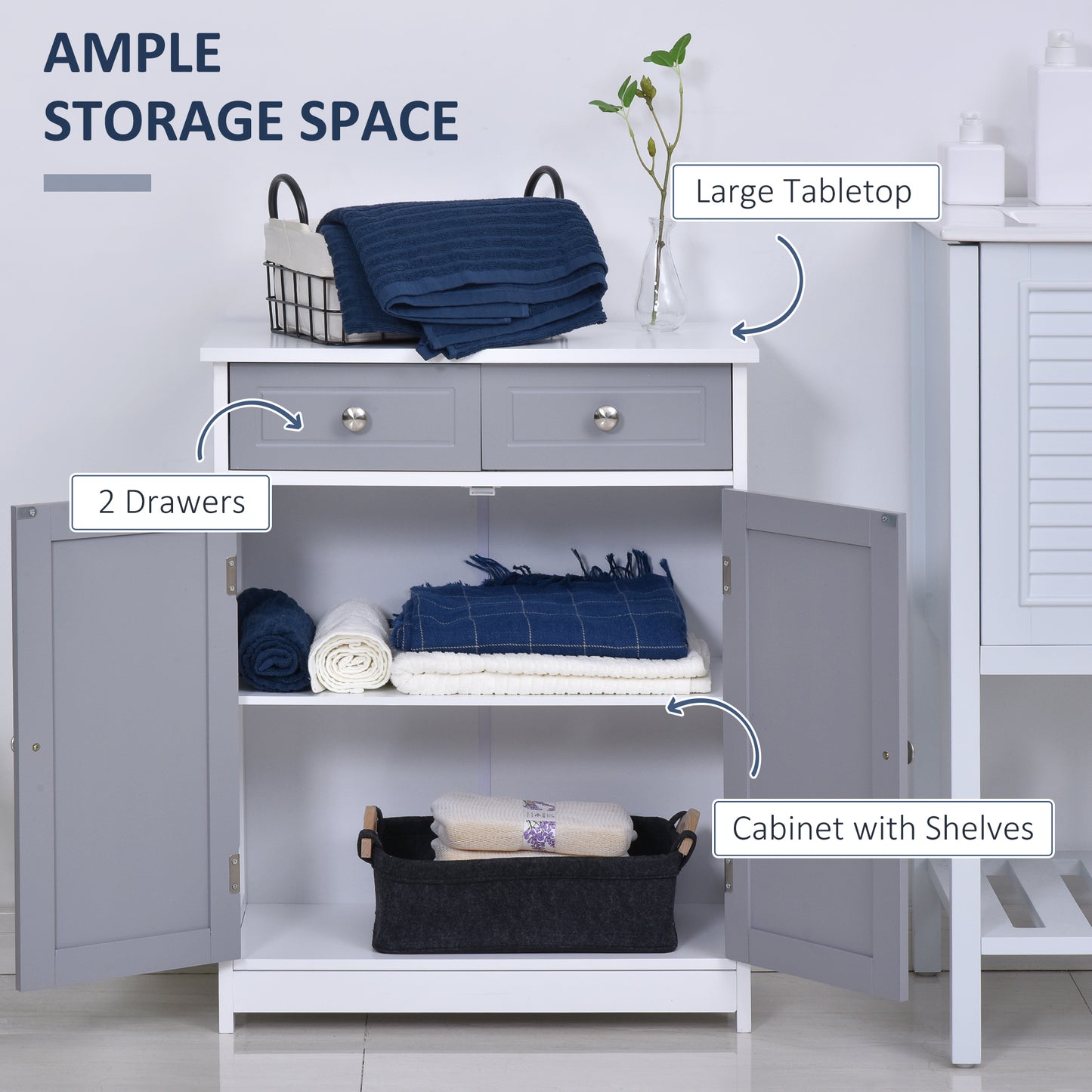 75x60cm Freestanding Bathroom Storage Cabinet Unit w/ 2 Drawers Cupboard Adjustable Shelf Metal Handles Traditional Style Gre