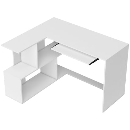 L-Shaped Corner Desk, Computer Desk with Keyboard Tray and Open Shelves, White Wood Effect