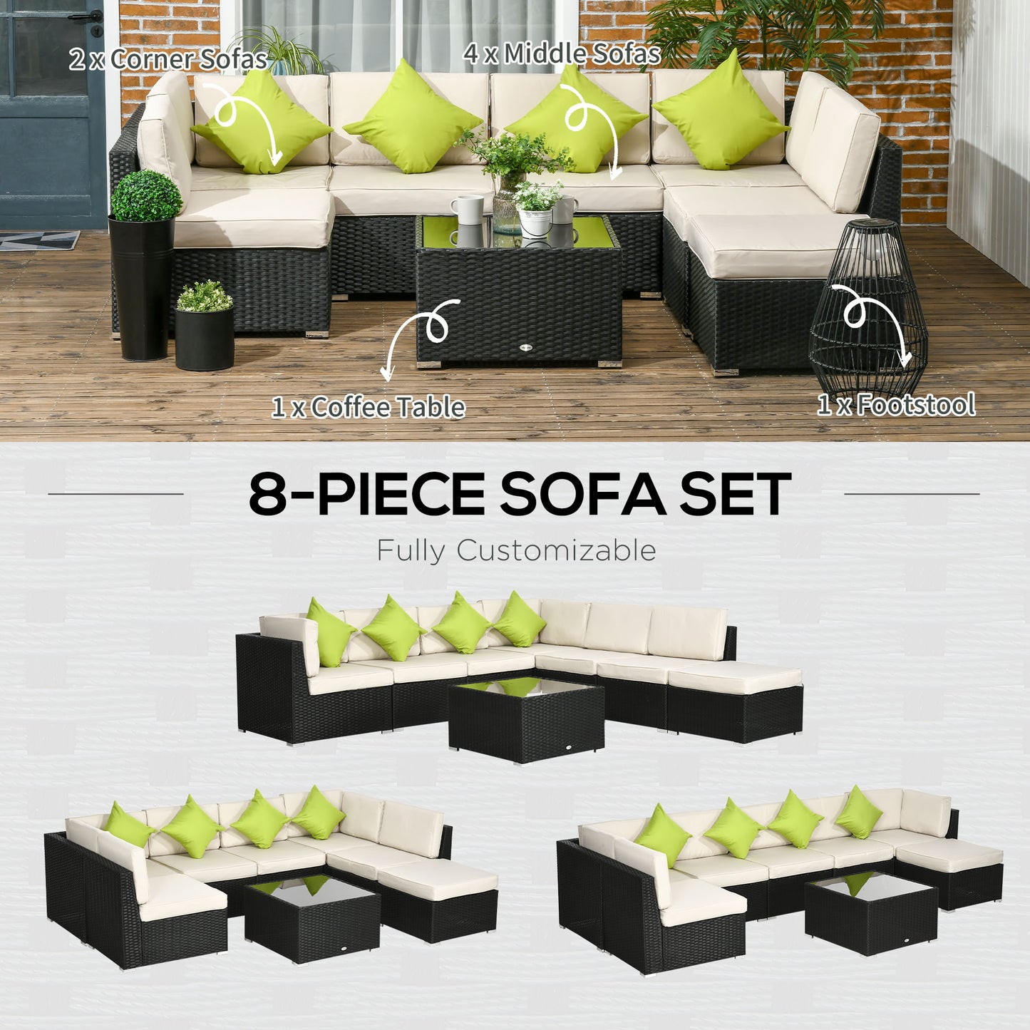 8 Pieces PE Rattan Corner Sofa Set, Patio Wicker Sofa Seater with Cushion, Washable Cushion Cover & Tempered Glass Table