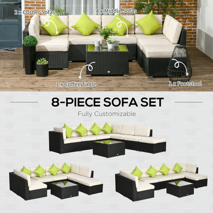 8 Pieces PE Rattan Corner Sofa Set, Patio Wicker Sofa Seater with Cushion, Washable Cushion Cover & Tempered Glass Table
