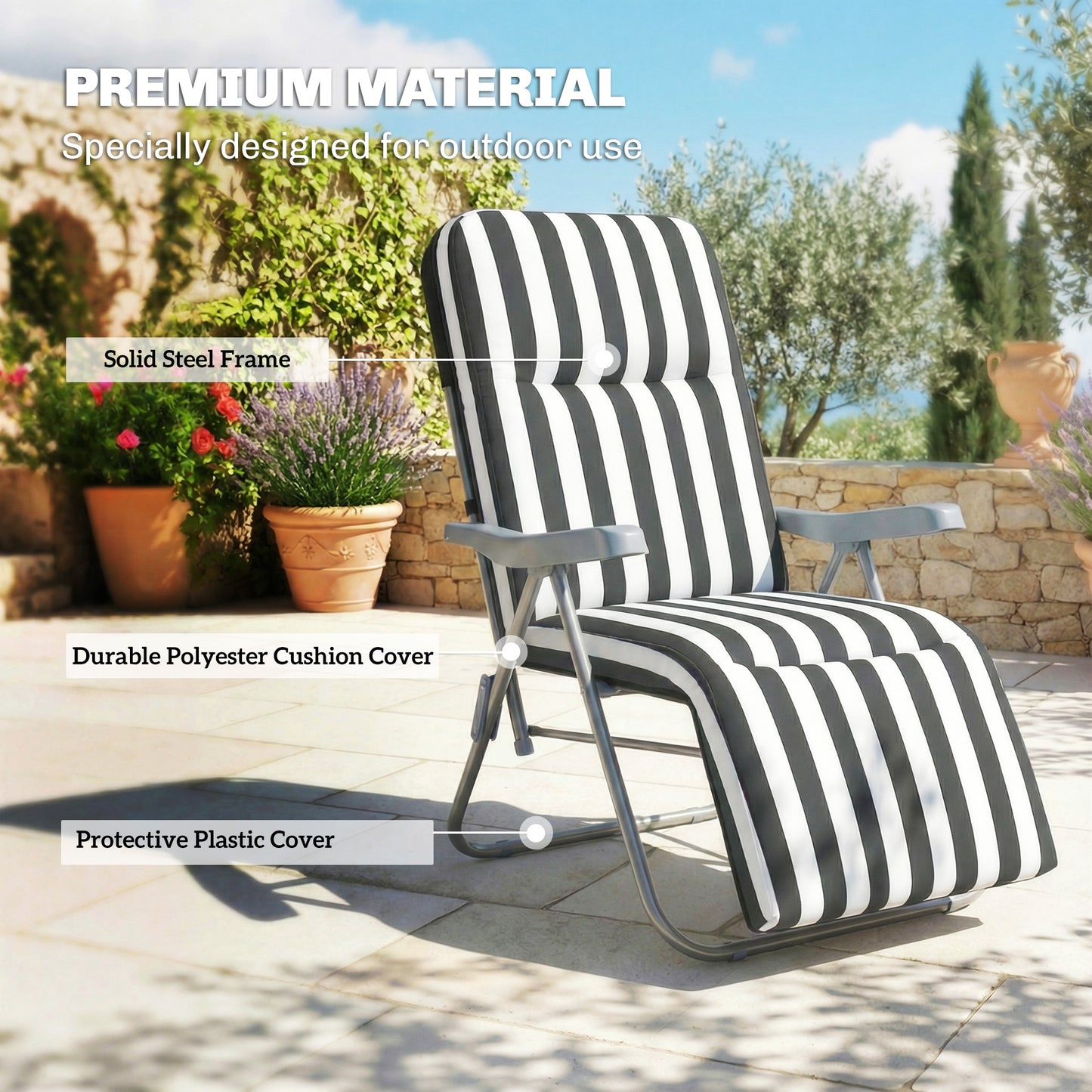 Set of 2 Foldable Patio Sun Lounger with Adjustable Backrest and Cushion, Grey and White