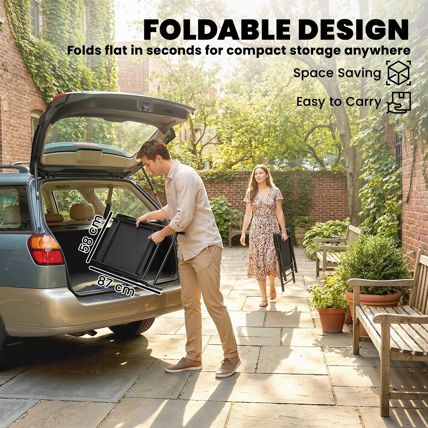 Folding Garden Chairs Set of 4 with High Back, Armrests, Texteline Seat, Black