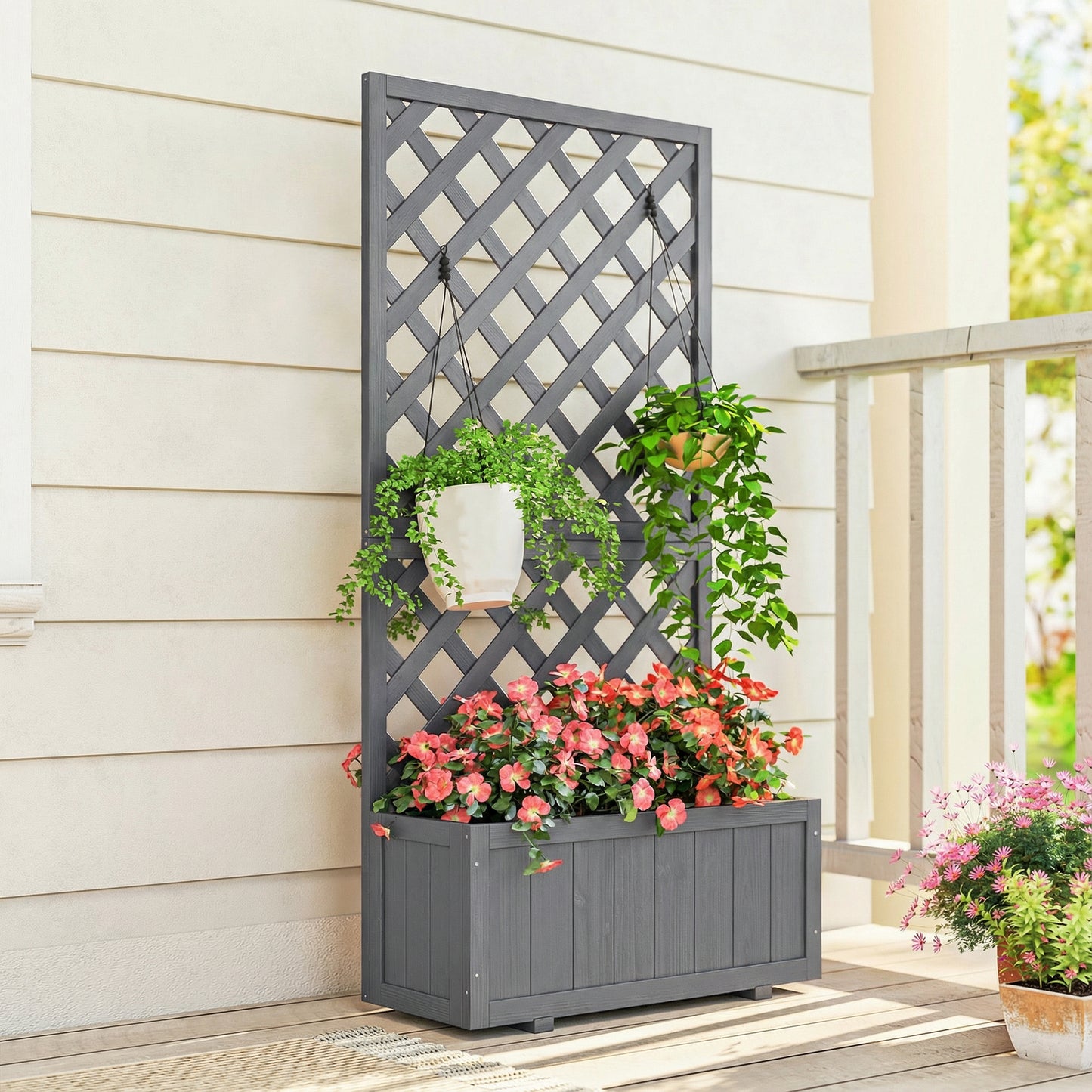 Wood Planter with Trellis for Climbing Plants, Raised Bed, Planter Box with Drainage Holes to Grow Herbs Flowers, Grey