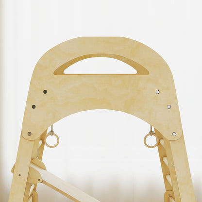 6 in 1 Kids Climbing Frame with Slide, Monkey Bars, Gymnastics Rings, Ladder, Climbing Net, for 3-6 Years, Natural Tone