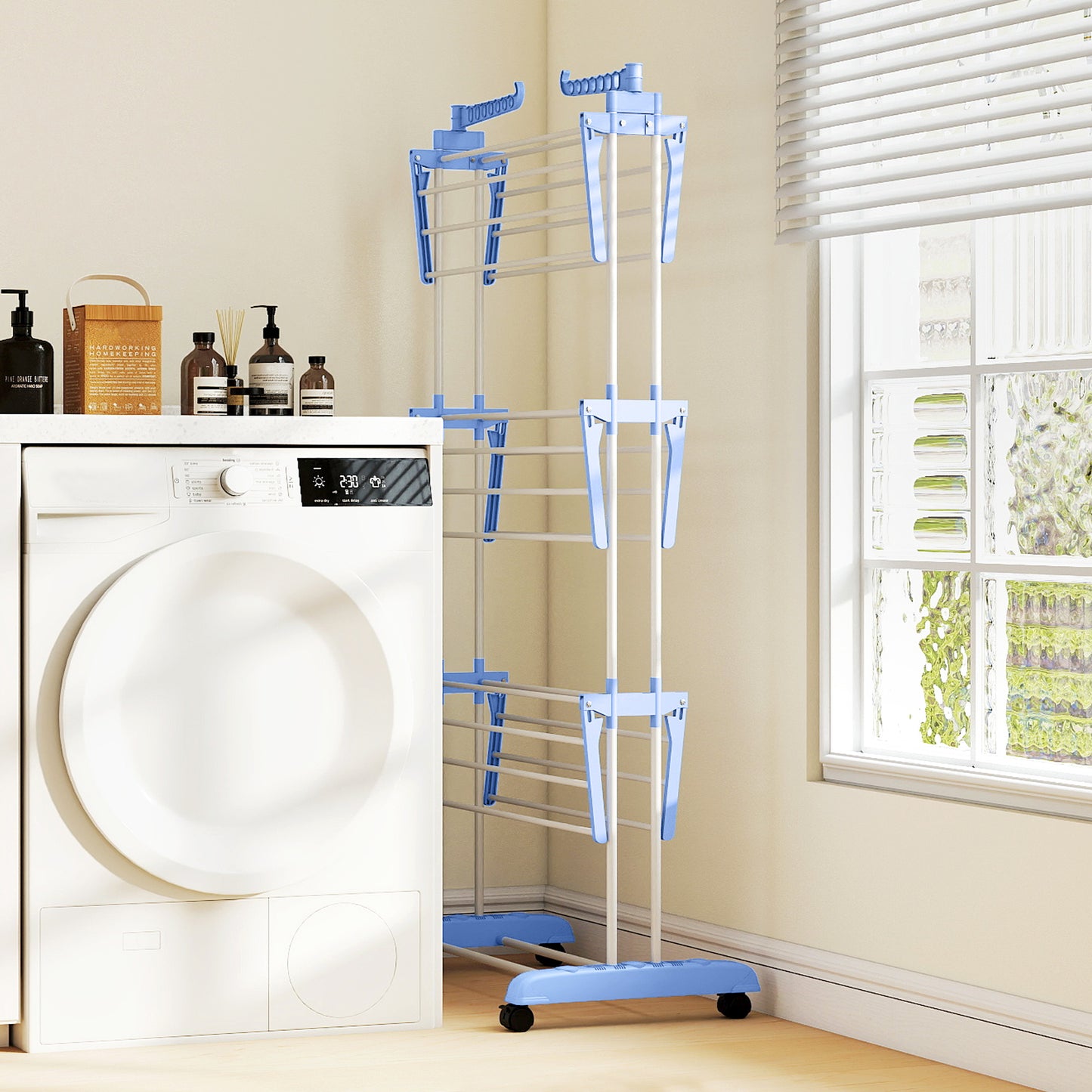 Foldable Clothes Drying Rack, 4-Tier Steel Garment Laundry Rack with Castors for Indoor and Outdoor Use, Blue