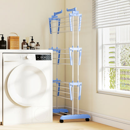 Foldable Clothes Drying Rack, 4-Tier Steel Garment Laundry Rack with Castors for Indoor and Outdoor Use, Blue