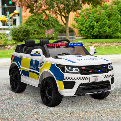 12V Kids Electric Ride On Police with Parental Remote Control, Siren, Flashing Lights and USB - White